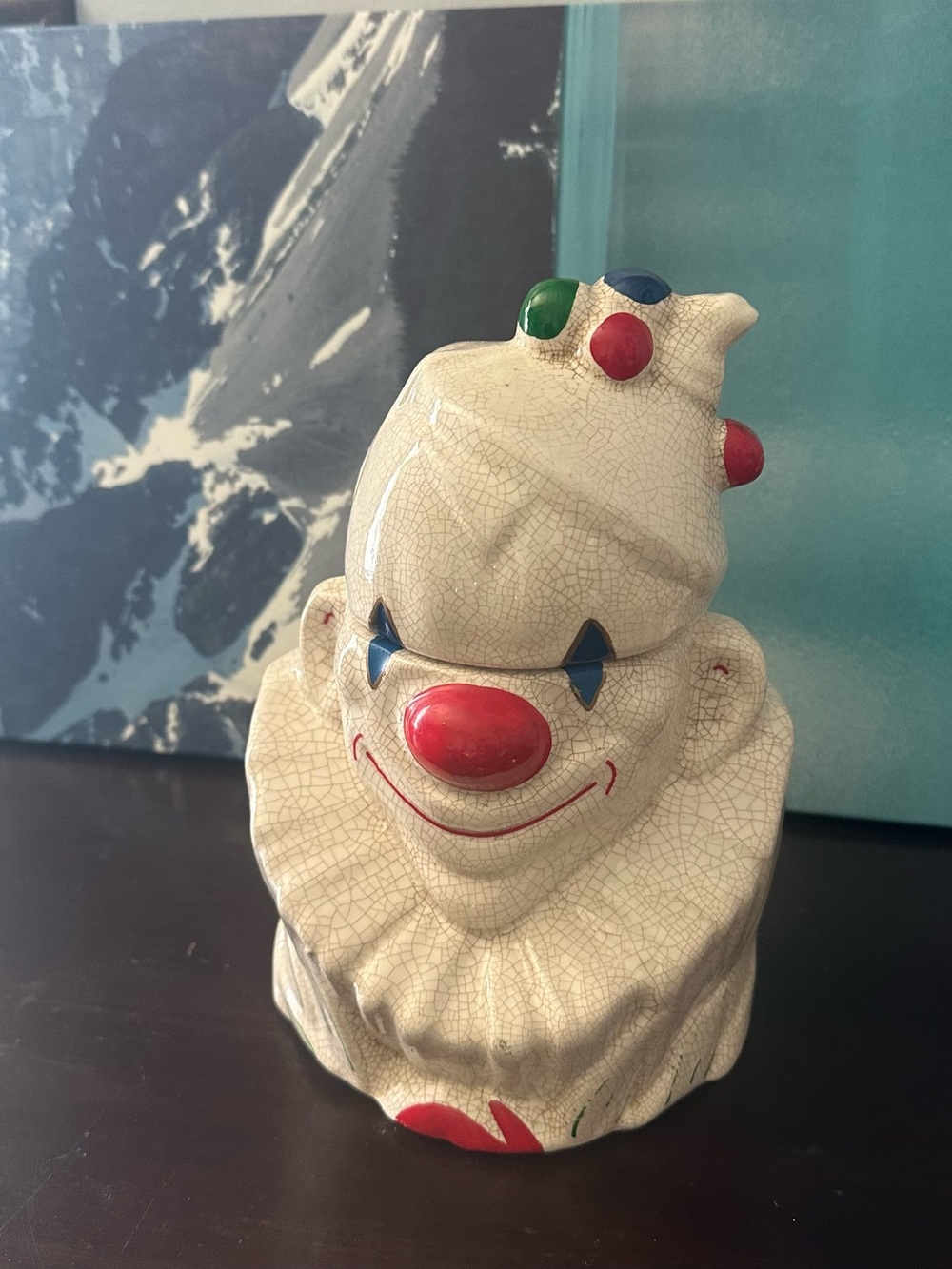 Vintage Style Ceramic Clown Cookie Jar in Cream with Red Accents